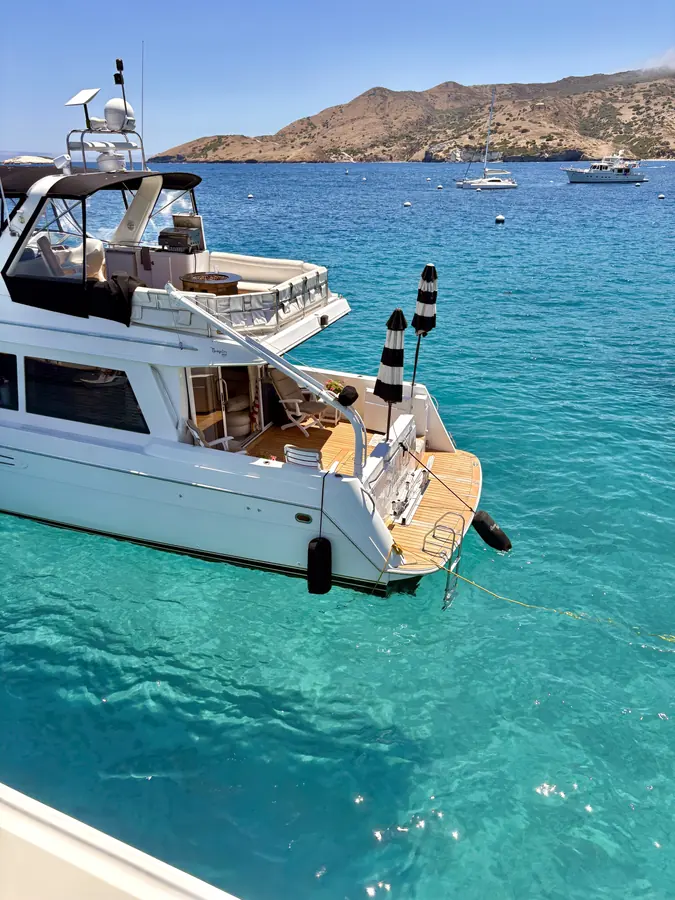 A boat anchored in a cove at Catalina Island