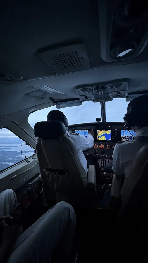 View from the cockpit of a small plane over the ocean