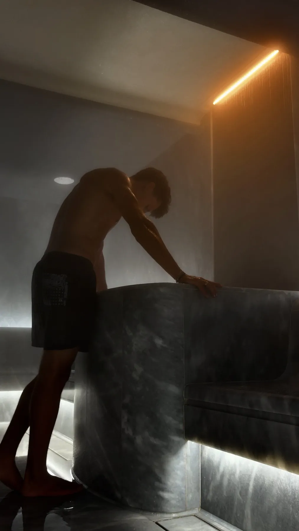 Brennan Harmatz in a steam room