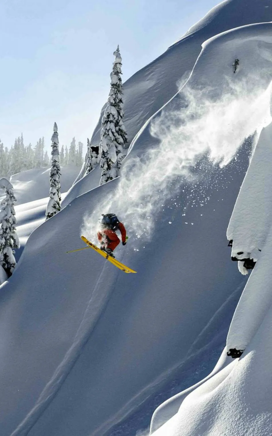 Brennan Harmatz skiing deep powder between pine trees